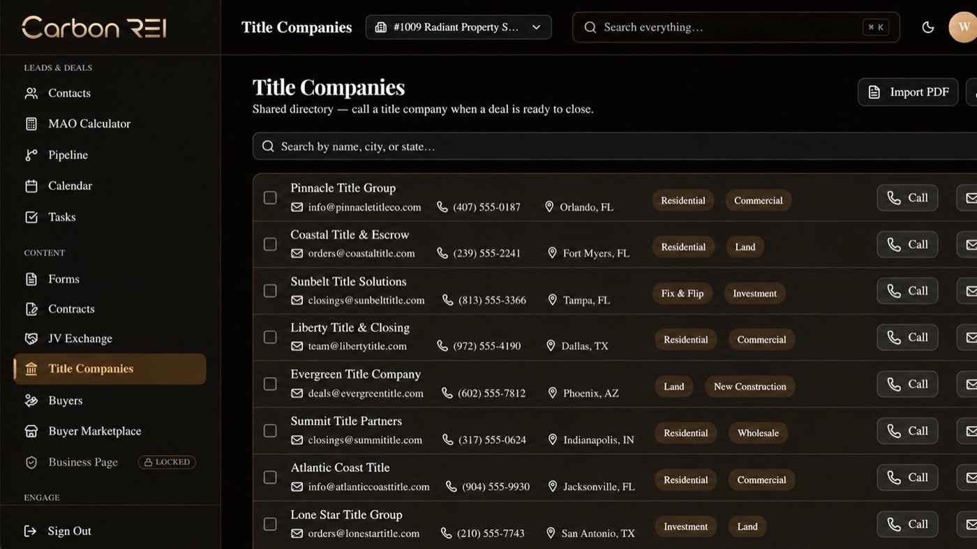 Title company directory in a real estate wholesaling CRM