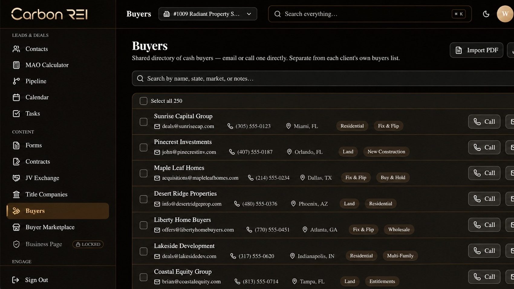 Carbon REI's shared buyers directory with thousands of cash buyers ready to call or email