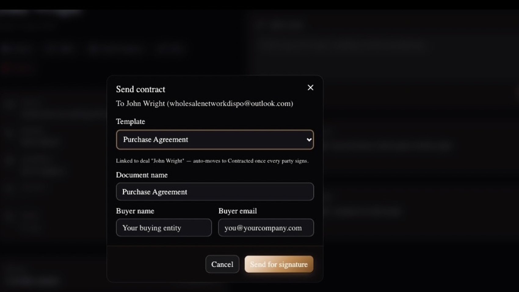 Carbon REI's Send Contract screen, linked to a deal and ready to send for signature