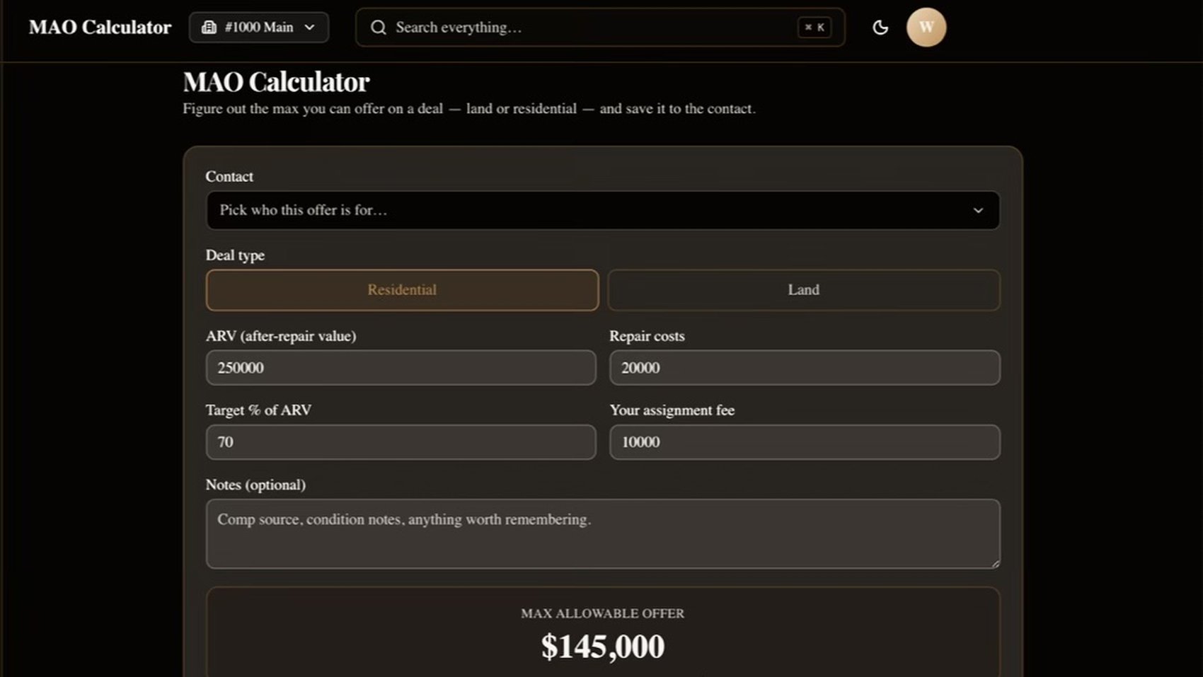 Carbon REI's Max Allowable Offer calculator computing a $135,000 offer