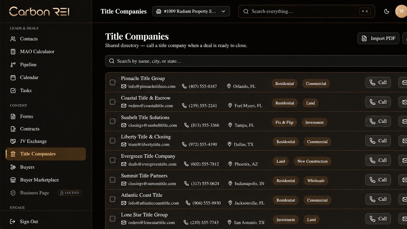 Carbon REI's shared title company directory with one-click send-to-close